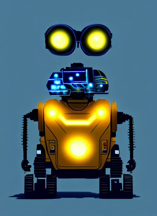 Image similar to symmetry!! portrait of wall - e, sci - fi, tech wear, blue and yellow glowing lights!! intricate, elegant, highly detailed, digital painting, artstation, concept art, smooth, sharp focus, illustration