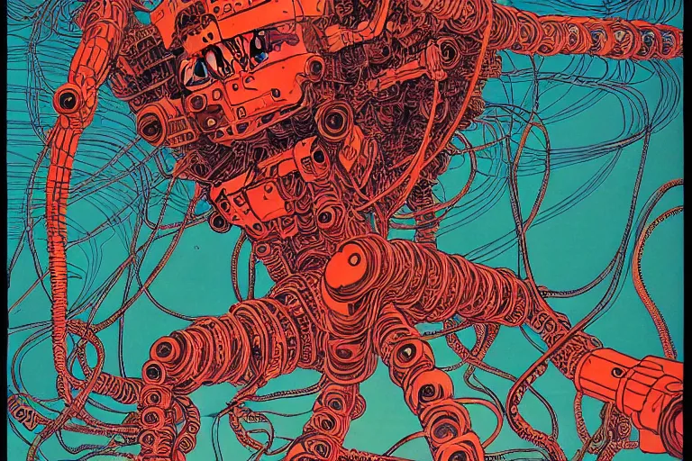 Image similar to risograph grainy drawing vintage sci - fi, satoshi kon color palette, gigantic gundam full - body covered with human bodies and wires, with lot tentacles, vermilion and black hues, codex seraphinianus painting by moebius and satoshi kon and dirk dzimirsky close - up portrait