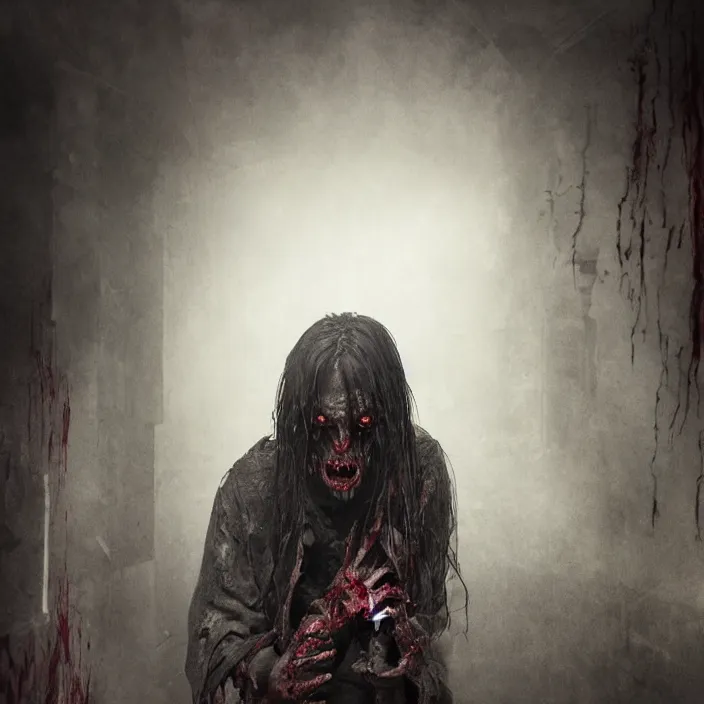 Image similar to gritty horrific demonic vampire lurking in the shadows, corner of the room, while blood flows out from below, sharp focus, 4 k ultra hd, fantasy dark art, apocalyptic art