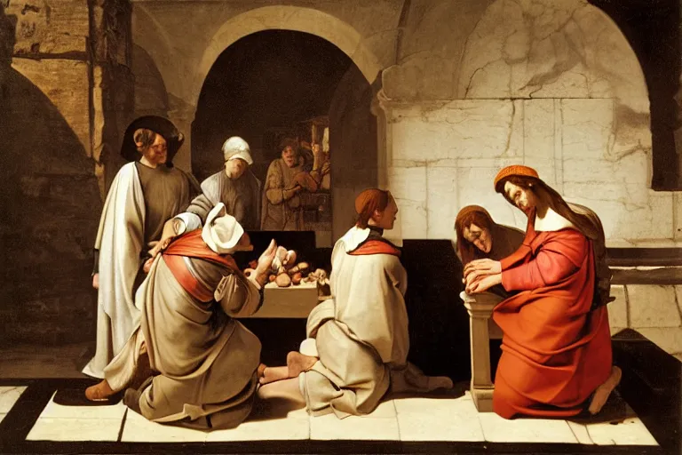 Image similar to 3 women at the tomb of jesus, caravaggio, rubens, pieter de hooch, ary scheffer