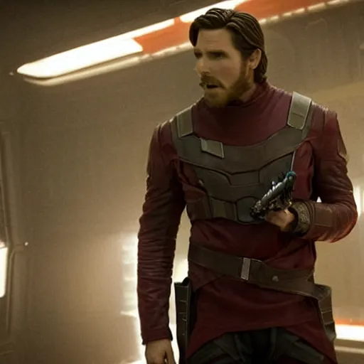 Prompt: film still of Christian Bale as Star Lord in Guardians of the galaxy