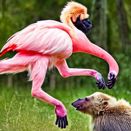 Prompt: monkey-flamingo hybrid in battle armor fighting a grizzly bear