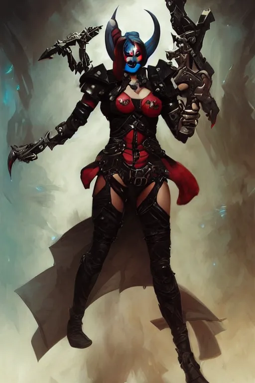 Image similar to portrait of dark eldar Harley Quinn in bikini armor, dc comics, cyberpunk, Warhammer 40000, dark fantasy, digital art from artstation by Ruan Jia and Mandy Jurgens and Artgerm and william-adolphe bouguereau