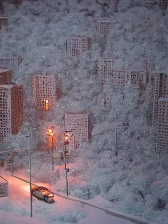 Image similar to mega detailed miniature diorama a soviet residential building, brutalism architecture, suburban, warm lights are on in the windows, man lies in the snow, dark night, fog, winter, blizzard, cozy and peaceful atmosphere, row of street lamps with warm orange light, several birches nearby, 1 9 9 0