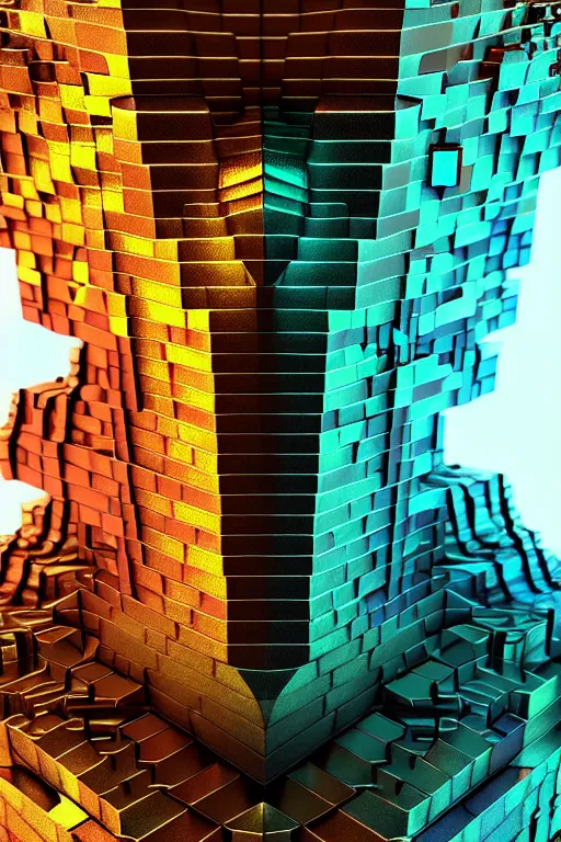 Image similar to concept art of fractal colorful bismuth metal giant golem : : shiny rainbow bismuth fractalization patterns : : extremely high details, masterpiece, photorealistic, hyperrealism, vray, octane render, volumetric lighting, depth of field, bokeh, artstation, cgsociety by elyse graham, johannen voss, greg broadmore