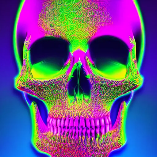 Prompt: skulls made out of fractals, neon colors, digital art