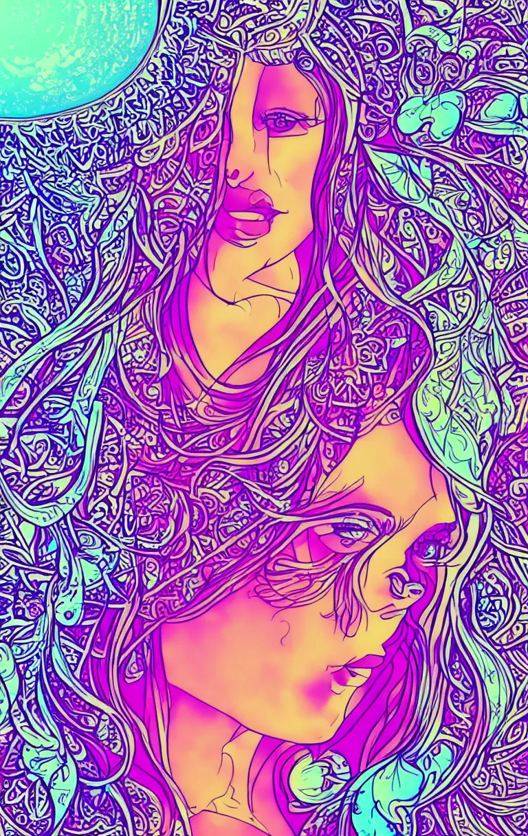 Image similar to beautiful hippie girl illustration, closeup in bikini over psychedelic sacred geometry hallucination