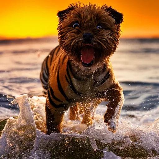 Image similar to a closeup photorealistic photograph of a cute smiling tiger bichon puppy splashing in the surf during sunset. professional capture, well lit shot. this 4 k hd image is trending on artstation, featured on behance, well - rendered, extra crisp, features intricate detail, epic composition and the style of unreal engine.