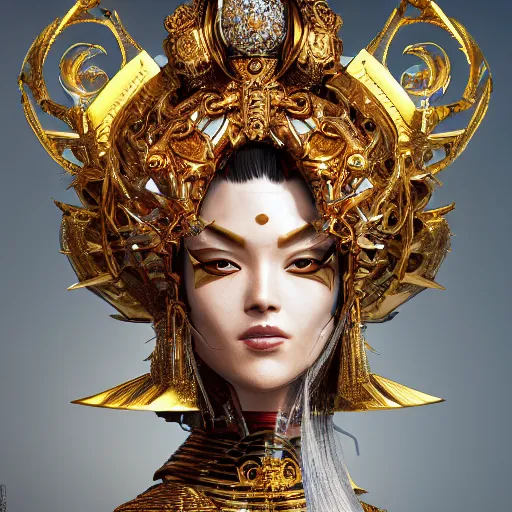 Image similar to a samurai with golden ornaments and diamonds jewelry by alex gray and android jones, karol bak, ayami kojima, amano, concept art, character design, fantasy, 3 d, 8 k resolution