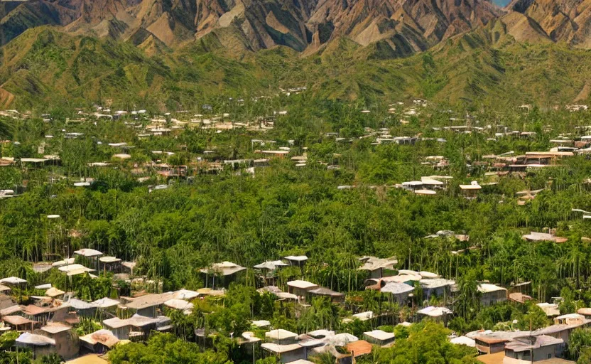 Image similar to green lush city with various trees and wooden buildings made from bamboo, built in death valley