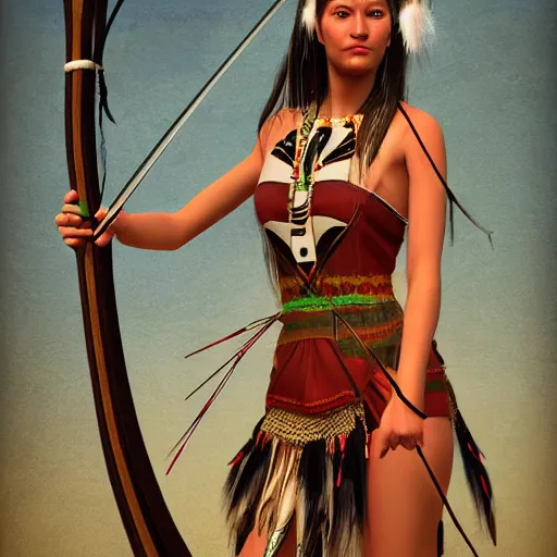 Image similar to a woman dressed in native american clothing holding a bow and arrow, a fine art painting by john clayton, deviantart, fantasy art, daz 3 d, mystical