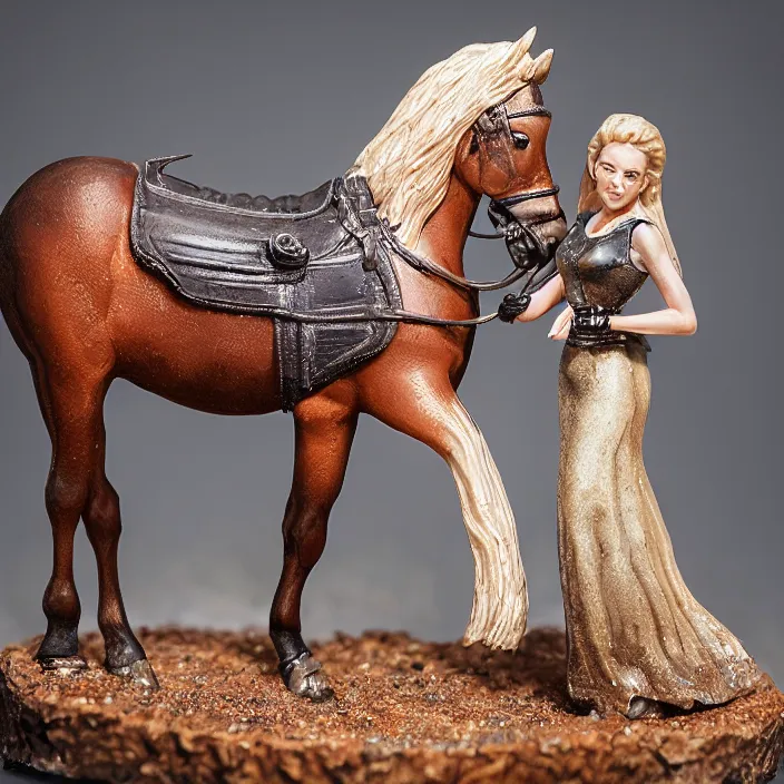 Image similar to 80mm resin detailed miniature of a Woman with a Horse, Product Introduction Photos, 4K, Full body, simple background