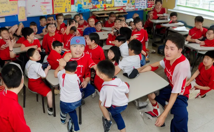 Prompt: kazakh guy with glasses in a red baseball cap teaching kids in school, photography