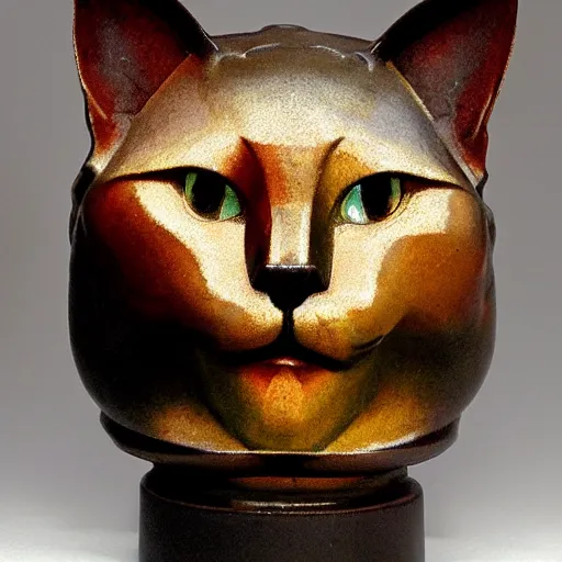 Image similar to cloisonne cat head sculpture, by annie swynnerton and diego rivera and nicholas roerich and jean delville, symbolist, dramatic lighting, god rays, art brut, rich colors, smooth, sharp focus, extremely detailed, adolf wolfli and ( donato giancola and bilibin )