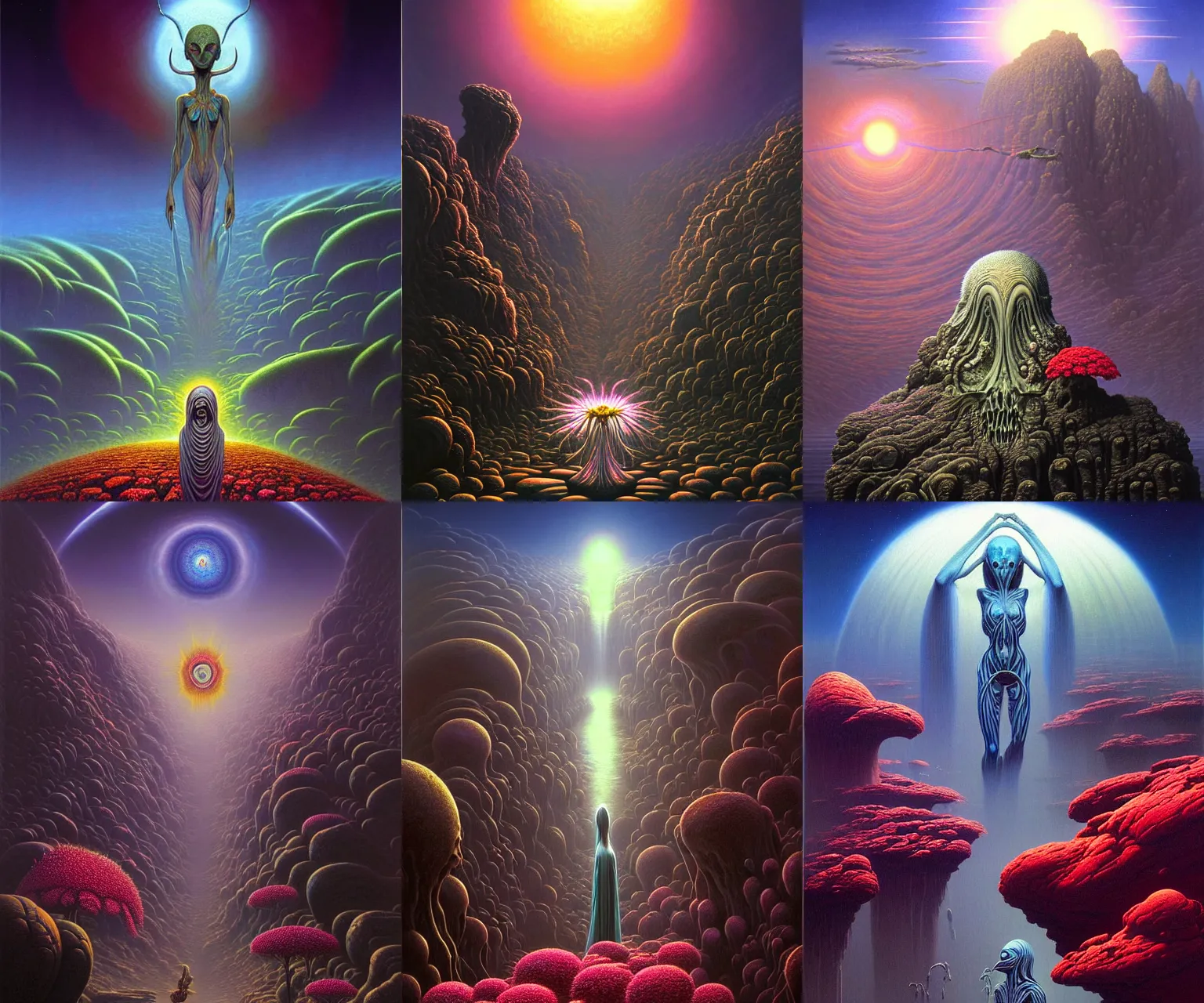 Prompt: a cinematic masterpiece painting of gothic alien flowers blooming at midnight, near sea and rocks, by Alex Grey, by Wayne Barlowe, by Tim Hildebrandt, by Bruce Pennington, by Zdzisław Beksiński, by Paul Lehr, oil on canvas, masterpiece, trending on artstation, featured on pixiv, cinematic composition, beautiful lighting, sharp, details, details, details, hyper-detailed, no frames, HD, HDR, 4K, 8K