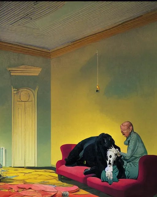 Image similar to old dead couple on couch with a big black dog in a yellow art deco interior room in the style of Francis Bacon and Syd Mead, open ceiling, highly detailed, painted by Francis Bacon and Edward Hopper, couple and dog painted by James Gilleard, surrealism, airbrush, very coherent, triadic color scheme, art by Takato Yamamoto and James Jean