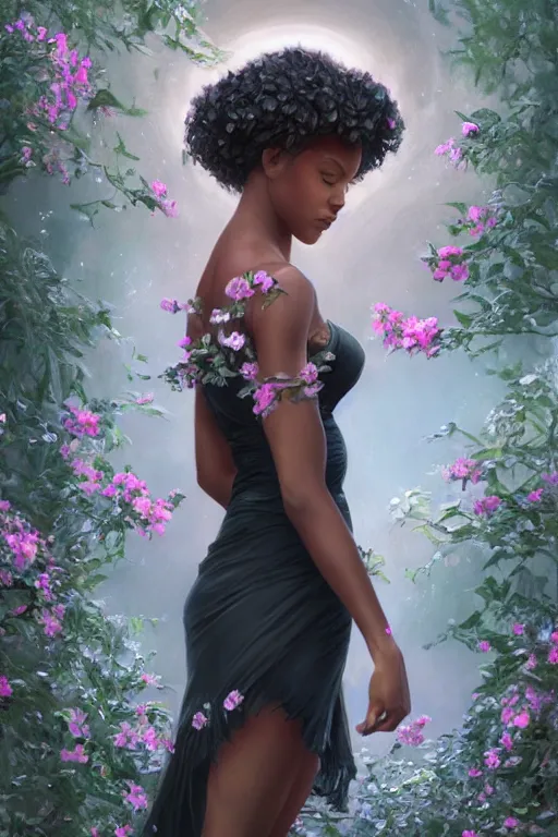 Image similar to ultra realistic illustration, black american girl with flowers blossoming from her hair, standing seductively, wearing night dress, night time, moonlight, snowy, volumetric lighting, elegant, highly detailed, digital painting, concept art, smooth, sharp focus, illustration, art by artgerm and greg rutkowski and alphonse mucha