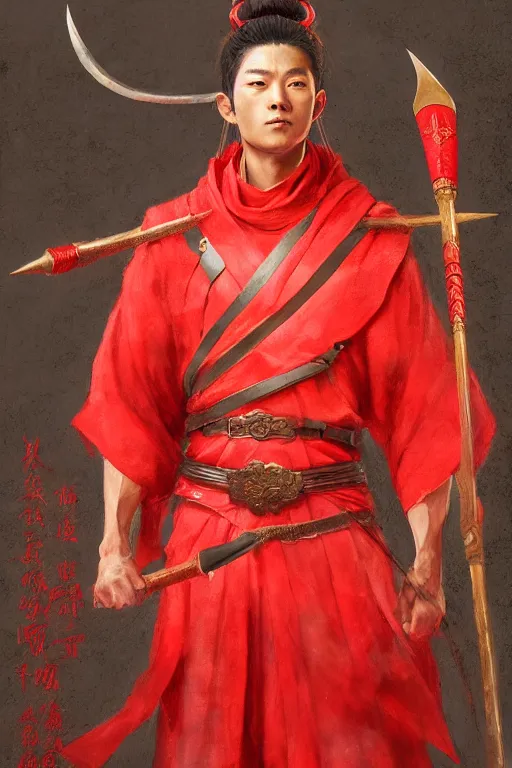 Prompt: a masterpiece portrait of nezha, red cloth around his shoulders, hold spear, cinematic, fantasy character portrait, highly detailed, by ne zha ( 2 0 1 9 ), fenghua zhong,