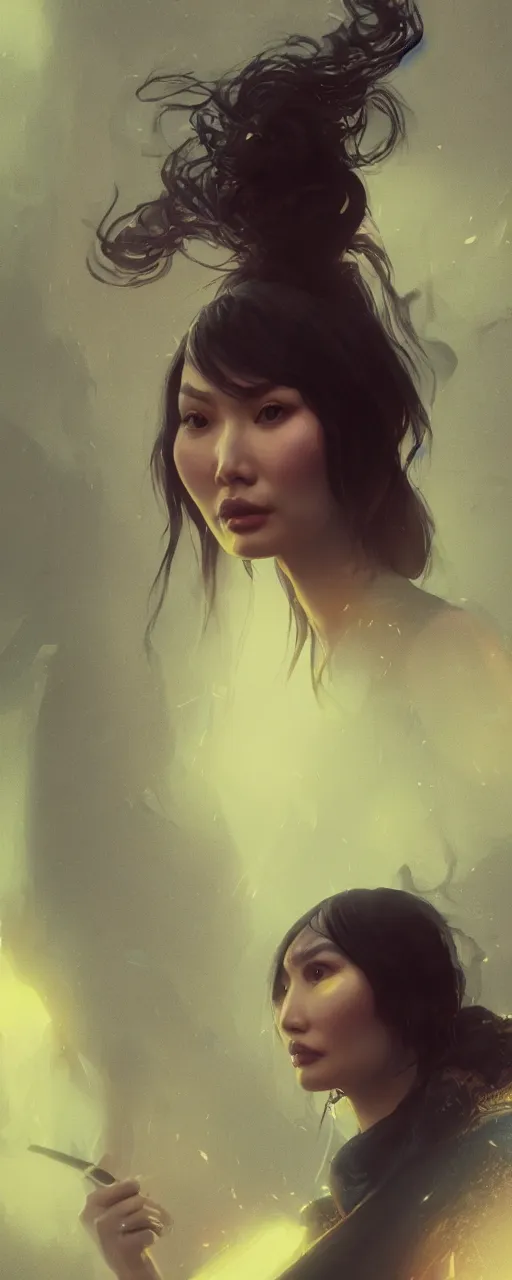 Image similar to portrait of gemma chan tavern bard, intricate face, sad expression, sweat, narrow dark streets with exotic dancers, vaporwave aesthetics, 8 k uhd, unreal engine, octane render in the artstyle of finnian macmanus, john park and greg rutkowski