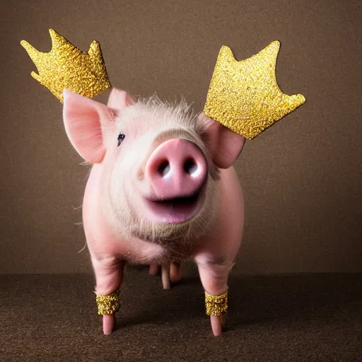 Prompt: studio photograph of a happy pig wearing a gold crown depicted as a muppet standing full body