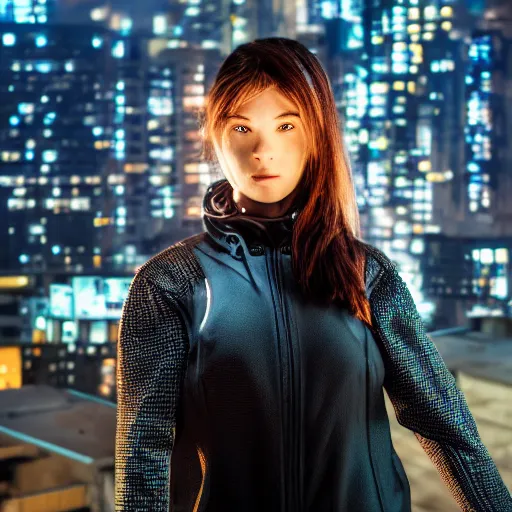 Image similar to photographic portrait of a techwear woman, closeup, on the rooftop of a futuristic city at night, sigma 85mm f/1.4, 4k, depth of field, high resolution, 4k, 8k, hd, full color