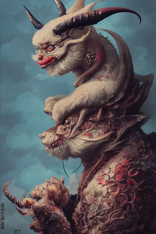 Image similar to a portrait of a japanese devil animal illustrated by miyazaki by karol bak, james jean, tom bagshaw, rococo, sharp focus, trending on artstation, cinematic lighting, hyper realism, octane render, 8 k, hyper detailed, vivid, ultra detailed, highly detailed