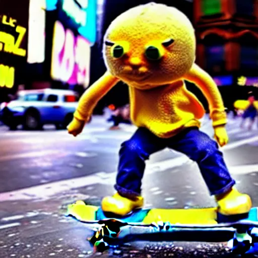 Image similar to a cool lemon riding a skateboard in times square new york