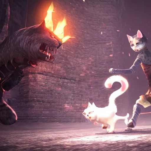 Image similar to deeply scared cat running away from the giant carnivorous sandwich, artstation hq, dark phantasy, stylized, symmetry, modeled lighting, detailed, expressive, true unsimulated emotions, created by hidetaka miyazaki, dark souls 3 screenshot