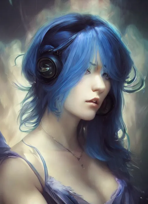 Image similar to stunningly beautiful female blue hair, dj sura face, fantasy art, dark light night, sharp focus, digital painting, 8 k, concept art, art by wlop, artgerm, greg rutkowski and alphonse mucha