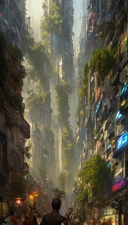 Prompt: hyper realistic cyberpunk city, busy crowded market street overtaken by lush plants, gnarly trees by tom bagshaw, mucha, gaston bussiere, craig mullins, j. c. leyendecker 8 k