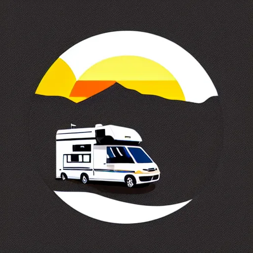 Image similar to very very very minimal vector graphic of a white and black thor chateau motorhome, color highway, mountains and sunset!!, all enclosed in a circle, white background, dramatic, professional minimal graphic design cartoon, award winning