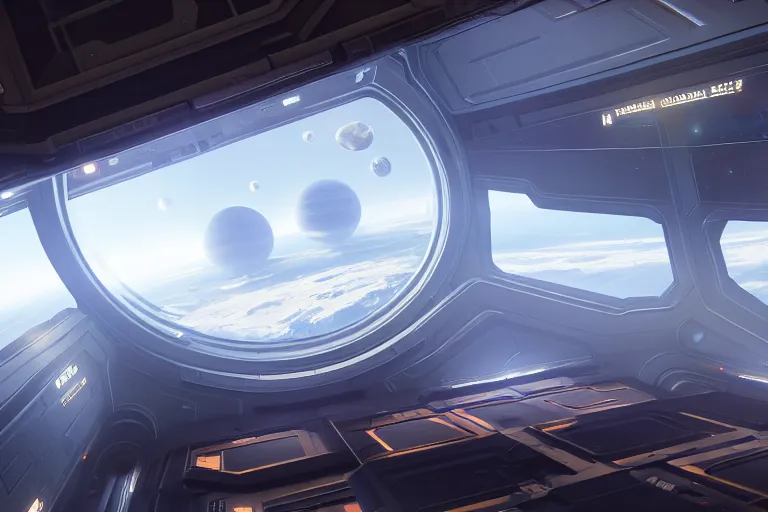 Image similar to interior of space base in orbit with a huge window, on the window you can see the planet below clearly, the planet is warm with canyons, sharp focus, concept art, very detailed, very realistic, trending on artstation, in the style of star citizen, star wars, overwatch, elite dangerous, beautiful, sci fi, unreal engine,