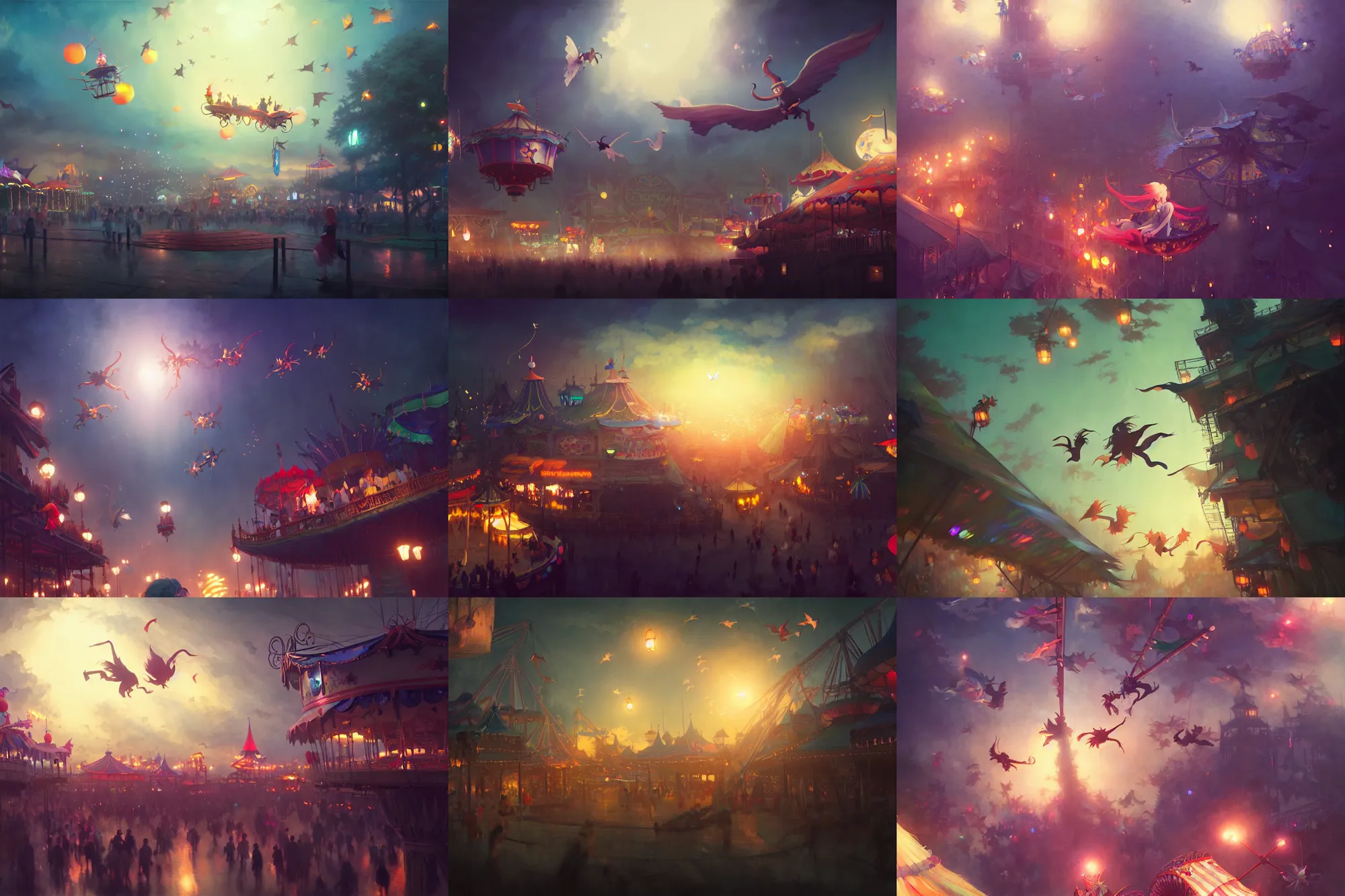 Prompt: young witches flying above exploring a carnival, witchlight carnival amusement park, night time, rim light, studio ghibli style, high octane filter, 8 k, highly detailed, digital painting, concept art, matte, art by ruan jia and wlop and greg rutkowski and makoto shinkai, masterpiece