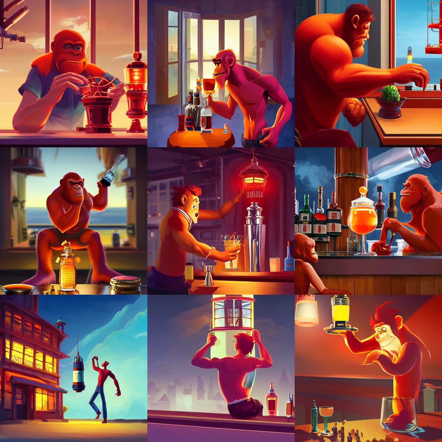 Prompt: hero world atari, red orangutan as bartender holding and shaking detailed lighthouse miniature as shaker for make cocktails at bar, behance hd by jesper ejsing, by rhads, makoto shinkai and lois van baarle, ilya kuvshinov, rossdraws global illumination