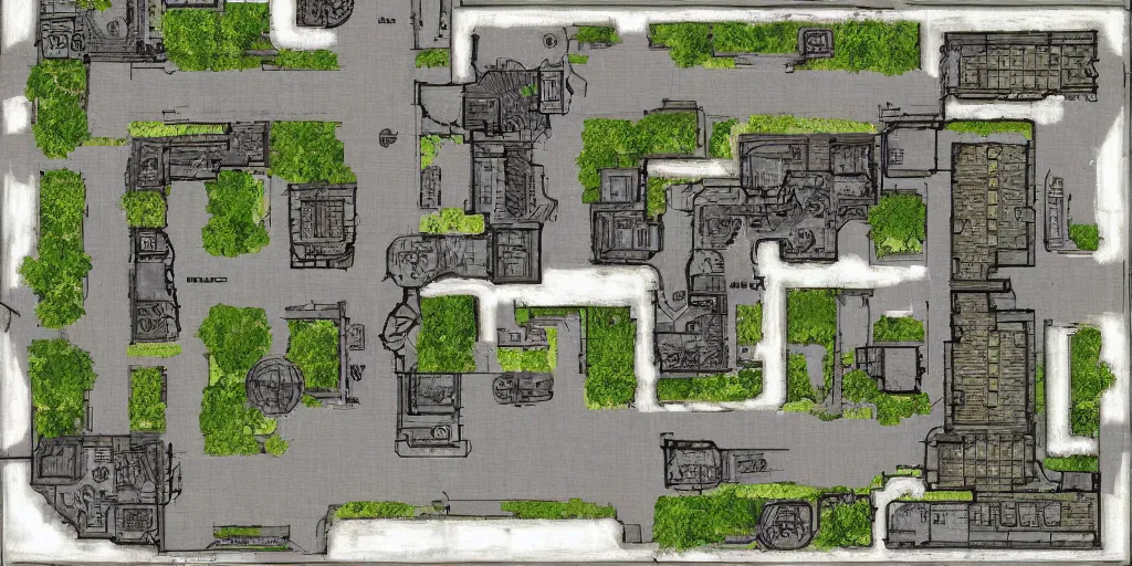 Image similar to small architectural floor plan gears of war map meets architectural floor plan call of duty map, symmetrical outpost