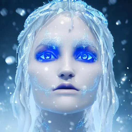 Image similar to ice goddess with beautiful face with a glowing blue crystal on her forehead, frosty white eyes, winter mist around her, white plated armor, pale skin, white smoke + photorealism, octane render, frostbite, 8 k, cinematic, 3 5 mm, aspect ratio