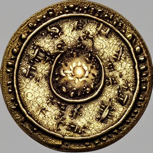 Prompt: a beautiful detailed ancient Shroom coin, symmetrical, in a starfield with fire around the edges
