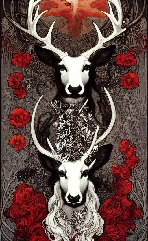 Image similar to black and white deer, with highly detailed with red flowers, long flowing mane and tail, ultra high detail, symmetry, in a hellscape, detail art style of alfons maria mucha, and peter mohrbacher atyles god lighting