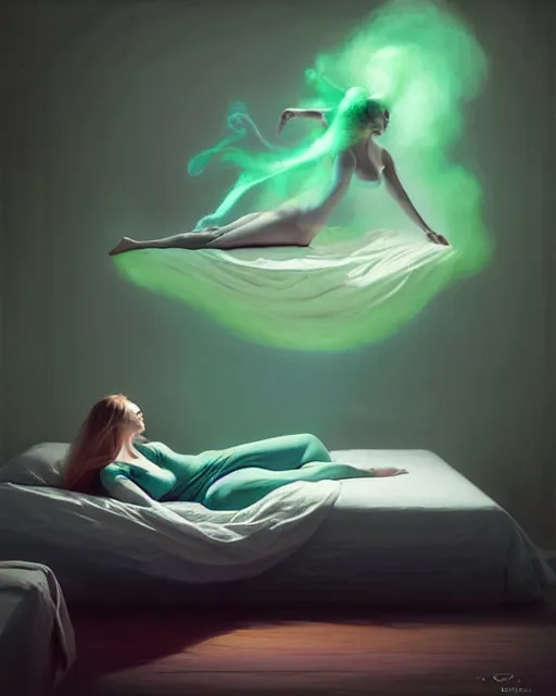 Prompt: a woman floating abover her bed at night, astral projection, green smoke!!!! surreal concept art, lifelike, photorealistic, digital painting, aesthetic, smooth, sharp focus, artstation hd, artgerm and by greg rutkowski, bruce pennington, valentina remenar, rhads, asher duran,