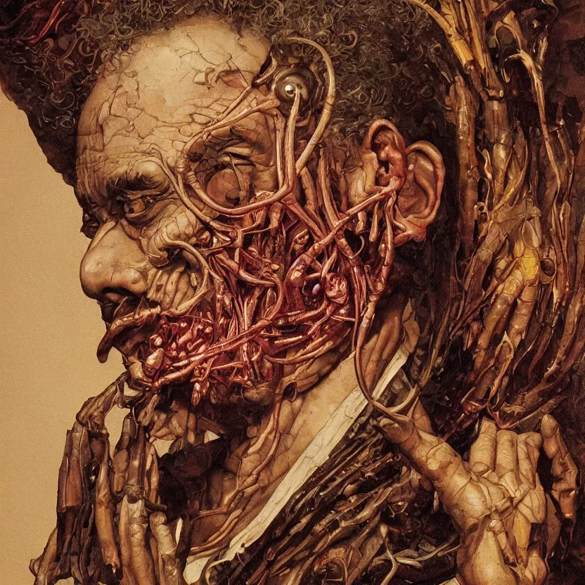 Prompt: baroque neoclassicist colorful close - up portrait of mad scientist's anatomy. reflective detailed textures. studio lighting, dark background. highly detailed fantasy science fiction painting by, moebius, norman rockwell, frank frazetta, and syd mead. high contrast. artstation