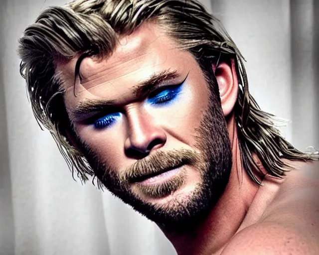 Image similar to chris hemsworth as thor with drag queen makeup, digital art, amazing detail