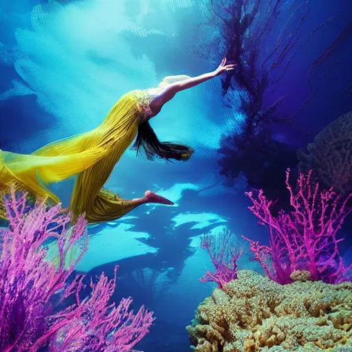 Prompt: woman dancing underwater wearing a flowing dress made of many translucent layers of blue, magenta, and yellow lace seaweed, delicate coral sea bottom, swirling silver fish, swirling smoke shapes, unreal engine, caustics lighting from above, cinematic, hyperdetailed