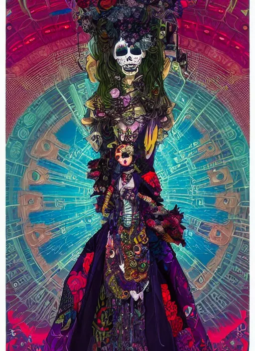 Image similar to cute punk goth fashion hippy fractal Día de los Muertos alien girl wearing kimono made of circuits and leds by Zhang Jingna, poster art by Dan Mumford Kilian Eng Hannah Jeffrey Smith Rick Griffin Alphonse Mucha