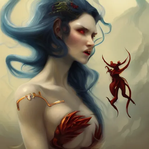 Prompt: portrait of the beautiful face of a demoness with pale skin and red eyes and long dark hair by pete mohrbacher and artgerm and wlop, digital art, highly detailed, Trending on Artstation HQ, unreal engine 5, 4K UHD image