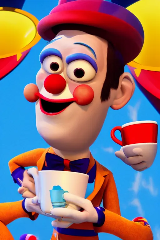 Image similar to portrait of a clown holding a cup of coffee with the circus in background, full body. pixar disney 4 k 3 d render funny animation movie oscar winning trending on artstation and behance. up movie style.