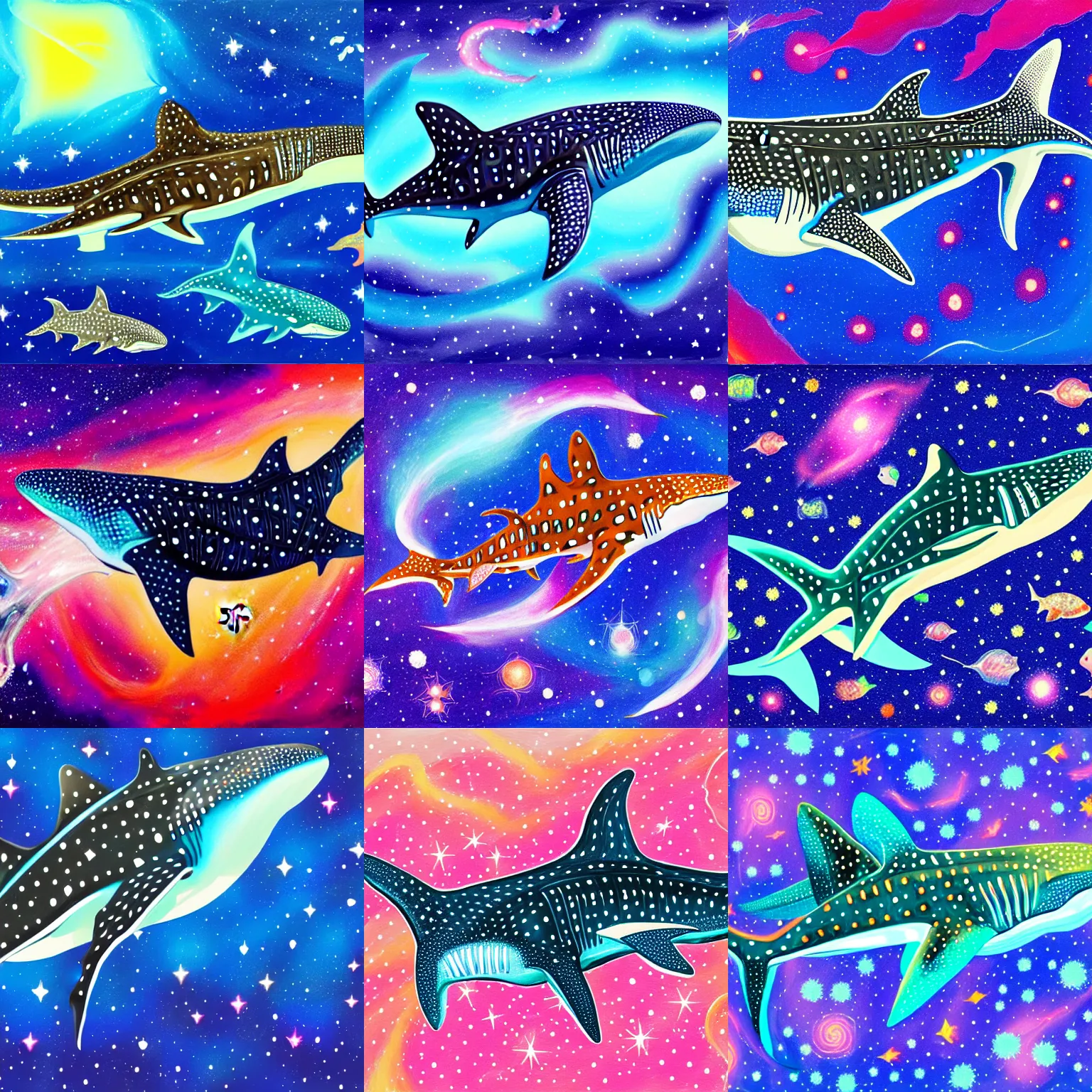 Prompt: gouache painting of a whale shark, swirling, luminous nebula background, elegant, ultra detailed, gouache illustration of whale - shark floating through a colorful nebula