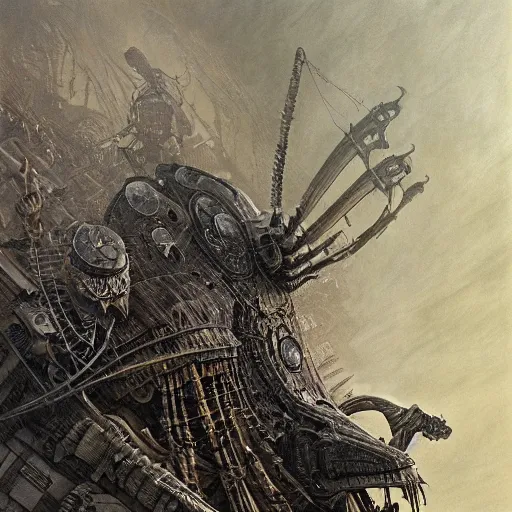Image similar to a beautiful hyperrealistic ultradetailed matte painting of a dieselpunk war scorpion, by James Stokoe and harry clarke and Zdzisław Beksiński and Jakub Rozalski and HR Giger, war theatre, dark, realistic, smog, black smoke, oil, machine parts, dystopian, insane details, peter mohrbacher, intricate, mecha, embers, trending on artstation, volumetric lighting, smog, micro details, HD wallpaper, 8k