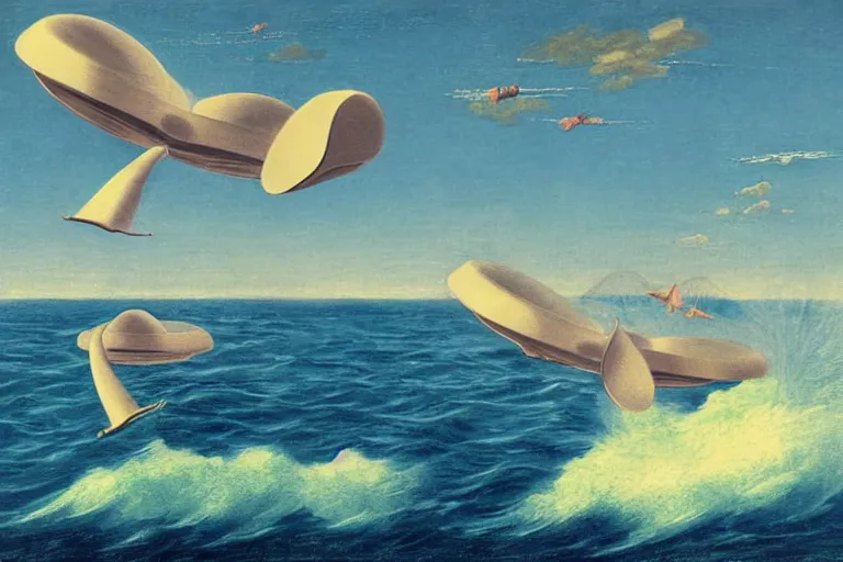 Image similar to two flying saucers battling over the ocean. art by george philip reinagle.