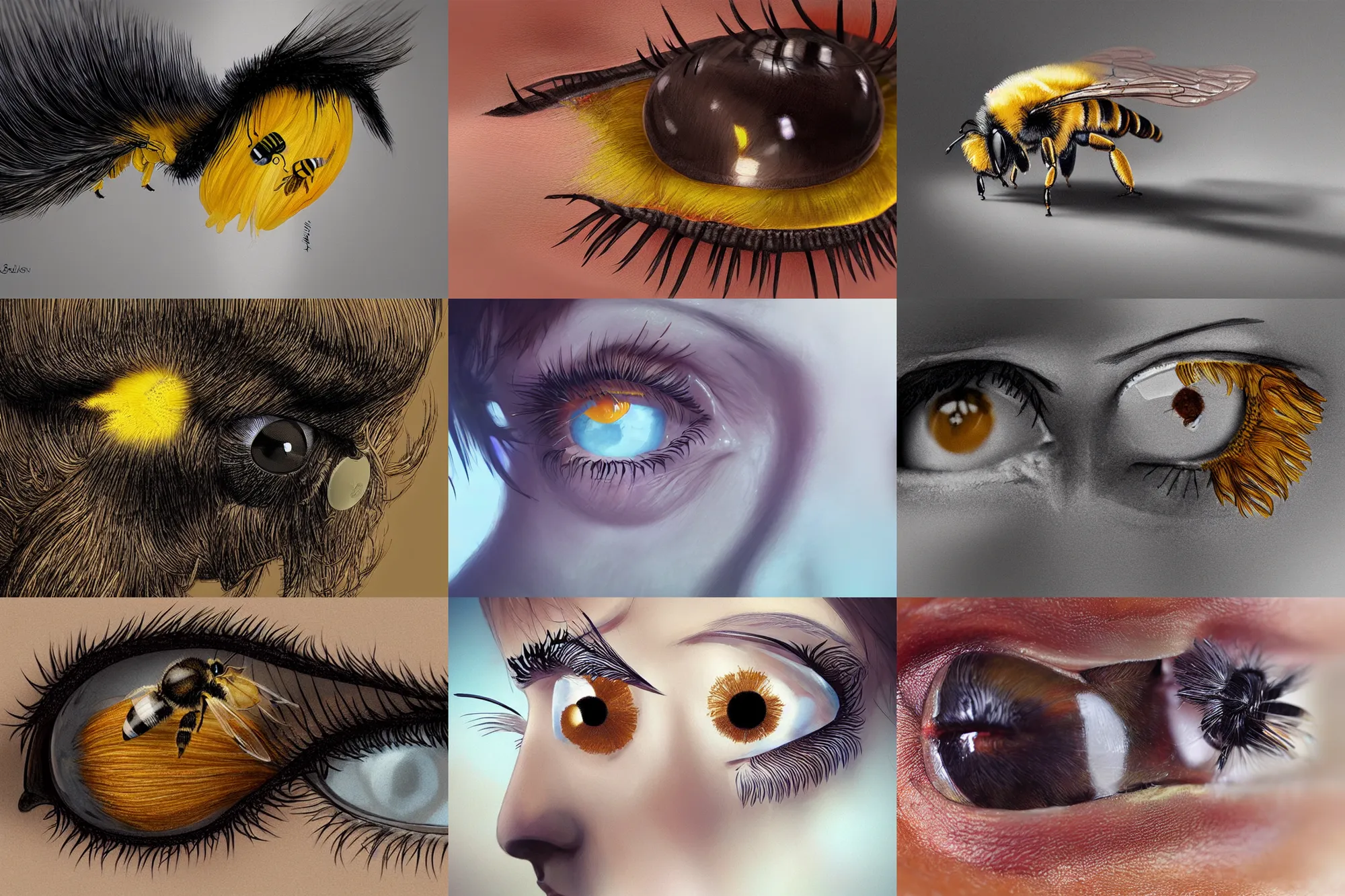 Prompt: bee caught in eyelashes, hyper realistic, artstation, photorealistic, aeon flux, moebius + loish, hd,