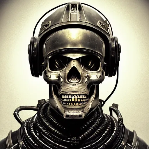 Image similar to portrait of a space pirate skull. intricate abstract. cyberpunk, vhs glitch. iridium visor, full face VR broken helmet. intricate artwork. nightmare fuel. terrifying ghost in the shell. empty oxygen tank. warhammer 40k crimes against humanity. sci-fi knight rider k2000 led. by Tooth Wu, wlop, beeple, dan mumford. octane render, trending on artstation, greg rutkowski very coherent symmetrical artwork. cinematic, hyper realism, high detail, octane render, 8k, iridescent accents, black and white